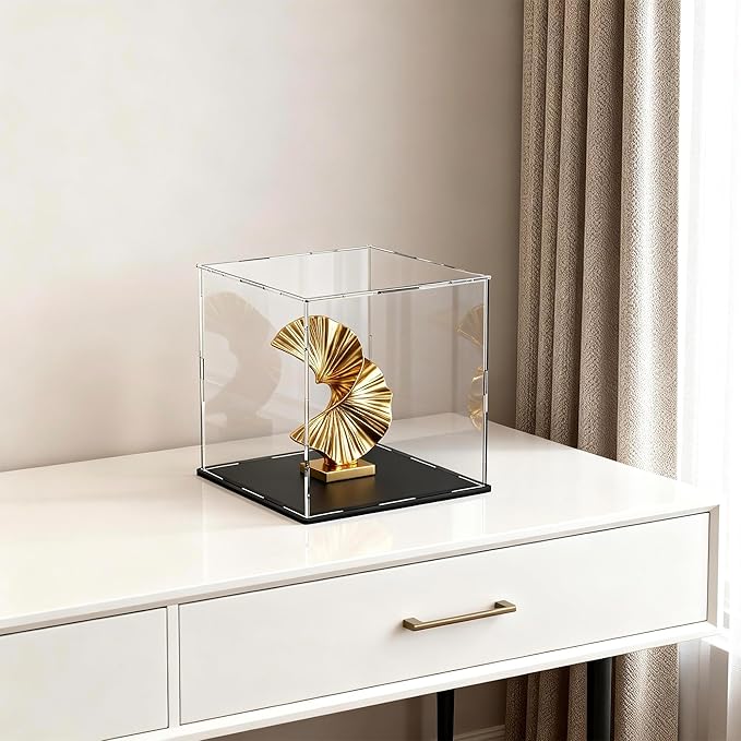Acrylic Display Case 13x13x13 Inch, Clear Collectible Display Box with Matte Black Base, Dustproof Showcase for Figures, Models, Sports Memorabilia – Easy Self Assembly
