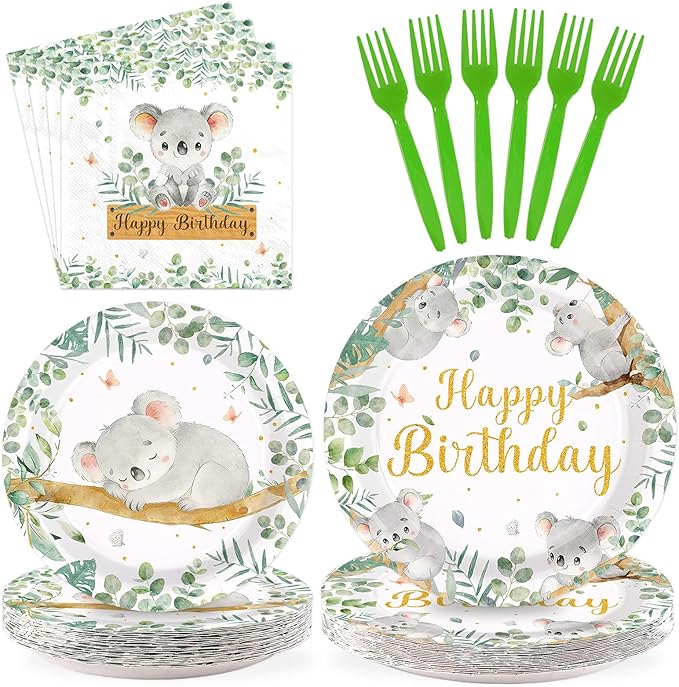 96Pcs Koala Birthday Party Decorations Koala Birthday Plates and Napkins Sets Safari Jungle Animal Australian Decorations for Baby Shower Birthday Zoo Junlge Animal Party Supplies Serves 24