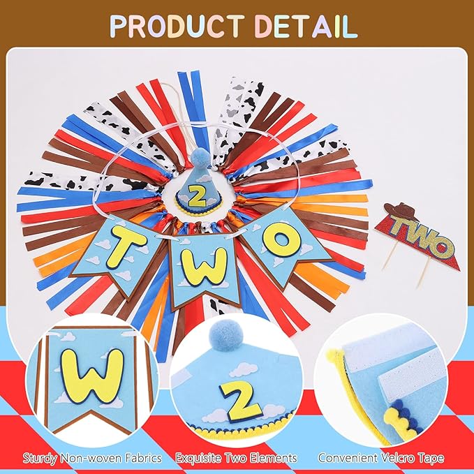 Cartoon Toy Highchair Banner for 2nd Birthday Party Decorations Two Infinity and Beyond High Chair Tassel Banner for Boys 2 Years Old Western Cowboy 2 Birthday Photo Props Backdrop Decorations