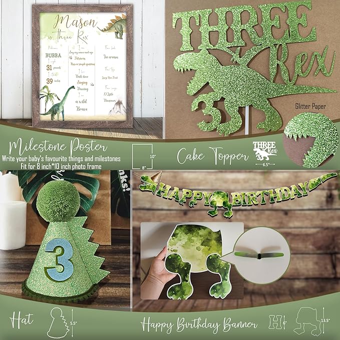 Three Rex Birthday Party Decorations Boy, Dinosaur 3rd Birthday Party Supplies, Three Rex Backdrop Tablecloth Fringe Curtain Balloon Arch Cake Topper Birthday Banner Hat