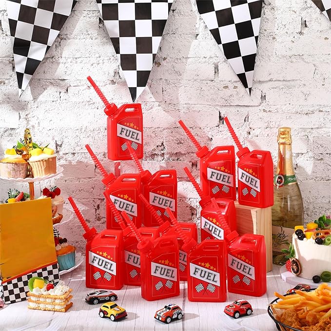 Mifoci 12 Pack Race Car Fuel Can Cups Set 11 oz Fuel Can Drinking Cups with Straw Racing Theme Birthday Party Favor for Kids Racing Car Theme Birthday Party Baby Shower Supplies