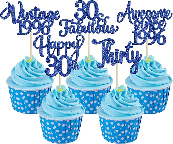 Ephlyn 30Pcs Happy 30th Birthday Cupcake Toppers Glitter Thirty Vintage 1996 Cupcake Picks Cheers to 30 Fabulous Cake Decorations for 30th Birthday Wedding Anniversary Party Supplies Dark Blue