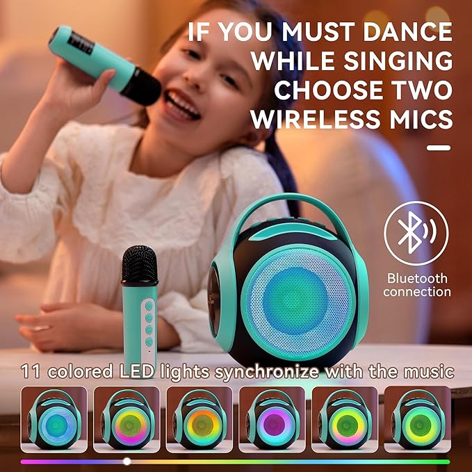 All Rounder Karaoke Machine for Kids Teens, Portable Bluetooth Karaoke Speaker with Two Mics, Voice Changer, Light Effect, Bass Tremolo, Gifts Toys for Girl, Supports USB/TF/AUX for Home Party (Green)