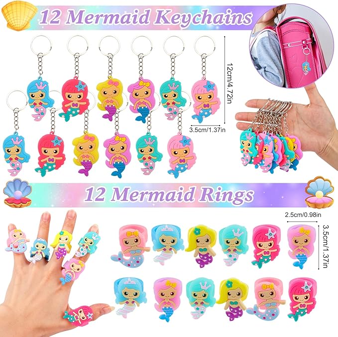 Mermaid Party Favors, 12 Pack Mermaid Birthday Party Supplies - Goodie Bags, Stickers, Scratch Art, Rings, Slap Bracelets, Keychains, Grow Animals for Party Decorations, Pinata Stuffers