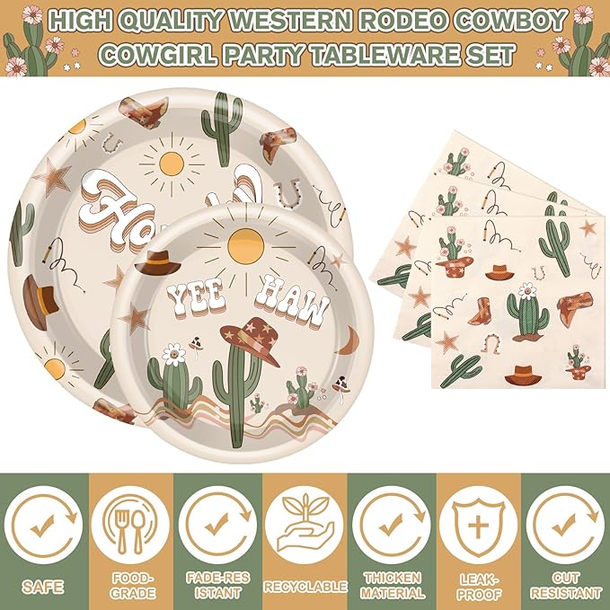 168 Pcs Western Rodeo Country Birthday Party Supplies First Rodeo Cowboy Birthday Party Decorations, Howdy Cowgirl Supplies, Yeehaw Boho Western Baby Shower Favors, Wild West Theme Tableware