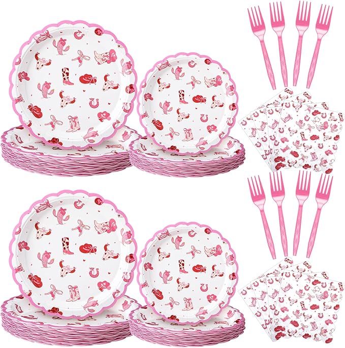 122 Pcs Pink Cowgirl Birthday Party Supplies Western Cowgirl Plates Napkins and Fork Disposable Bowknot Rodeo Tableware Set for Girls Baby Shower Wedding Bachelorette Decoration, Serve 24