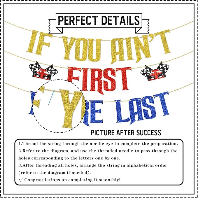 DUOMIMI If You Ain't First You're Last Banner Racing Theme Birthday Party Decorations for 1st Birthday Boy Checkered Flag Design Talladega Nights Party Supplies for Race Car Celebration Gold Red Blue Glitter