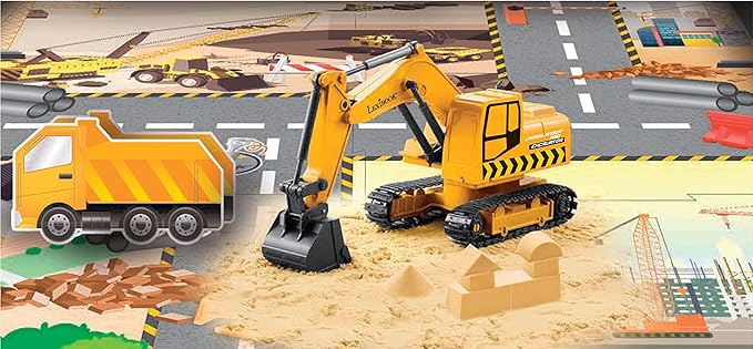 LEXiBOOK, Crosslander® pro RC Excavator, Remote Controlled Backhoe, Automatic Shovel, Play mat, Sand Moulds, 2 Trucks and a Bridge in Boxes Included, Rechargeable, RCP30