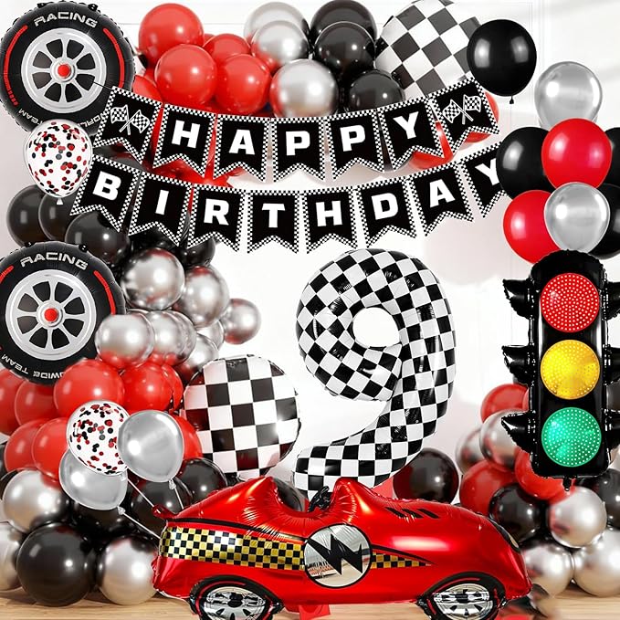 Race Car Birthday Party Decorations, with 40 Inch Number 9 Balloon, Happy Birthday Banner, Traffic Light and Foil Tire Balloon for 9th Car Themed Birthday Party Supplies