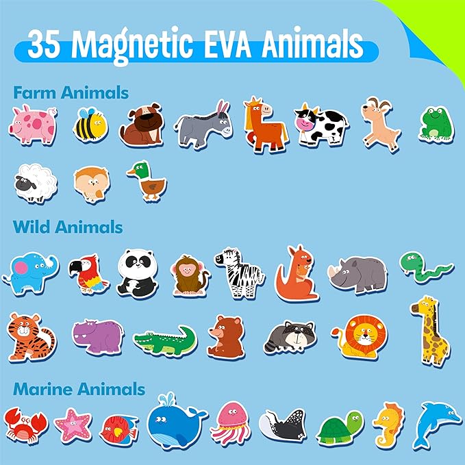 SpriteGru 35 Pcs Animal Magnets, Adorable Magnetic Animal Toys - Wild, Farm & Marine Animals - Thick Foam, Non-Toxic, Educational Learning Toys for Kids 3+