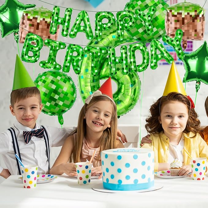 Green Pixel Themed Happy Birthday Banner Party Decorations Set Including 40 Inch Number 6 Foil Balloons, Themed Party Essentials, TNT Pixel Backdrop Supplies for Boys Indoor Outdoor Celebration