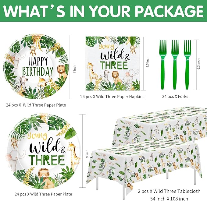 Jungle Animal 3rd Birthday Party Supplies - Young Wild And Three Decorations Tableware, Paper Plate, Napkin, Tablecloth, Fork, Safari 3-Year-Old Birthday Decorations Dinnerware | Serves 24