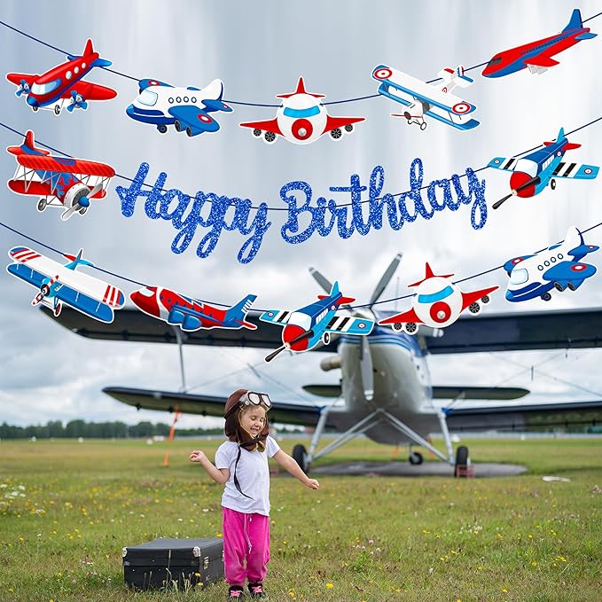 Airplane Birthday Party Supplies Pre-strung Airplane Banner Aviation Theme Birthday Decorations 3PCS Aircraft Plane Party Paper Banners for Helicopter Pilot Baby Shower Supplies