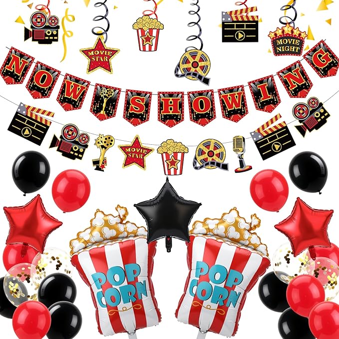 Movie Night Decorations Kit Now Showing Banner Hanging Swirls Popcorn Camera Clapboard Balloons for Movie Themed Birthday Party Supplies Film Backdrop