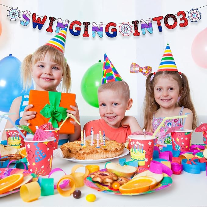 TaoBary Spider Theme 3rd Birthday Banner, Pre-strung Swinging into 3 Banner, Spider 3rd Birthday Decorations Party Supplies for Kids, Third Decor for 3 Year Old Boys Girls(Family Colors)