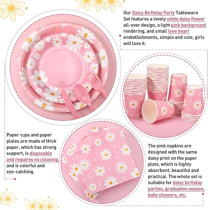 350 Pcs Daisy Party Supplies Tableware Set Disposable 9'' 7'' Paper Plates 9 oz Cups Cutlery Napkins Dinnerware Set for 1st Birthday, Serve 50 (Daisy Birthday, White, Pink)