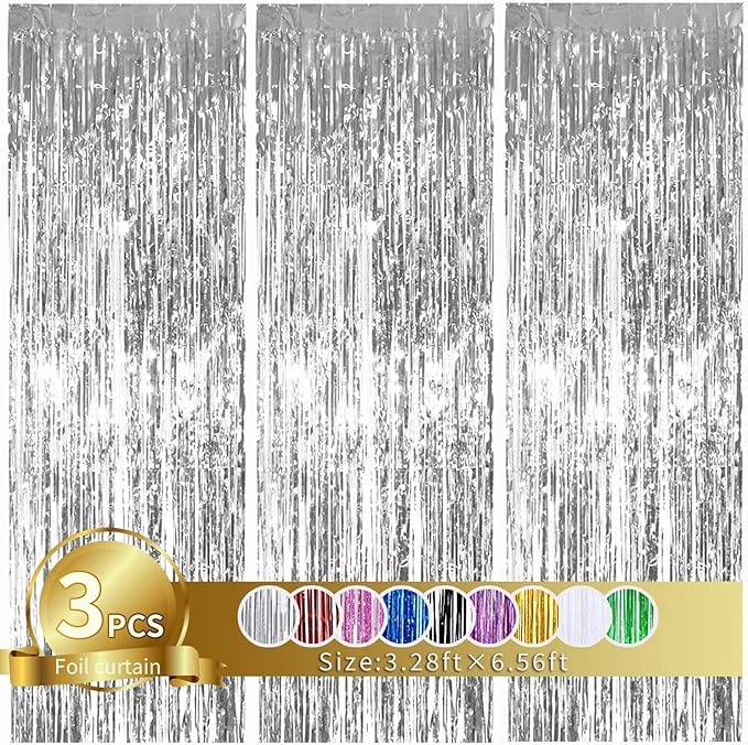 TONIFUL 3Pcs Silver Metallic Tinsel Foil Fringe Curtains,3.28ft x 6.56ft Silver Photo Booth Backdrop Streamer Curtain,Great for Bachelorette,Birthday,Christmas,New Year Party Decorations