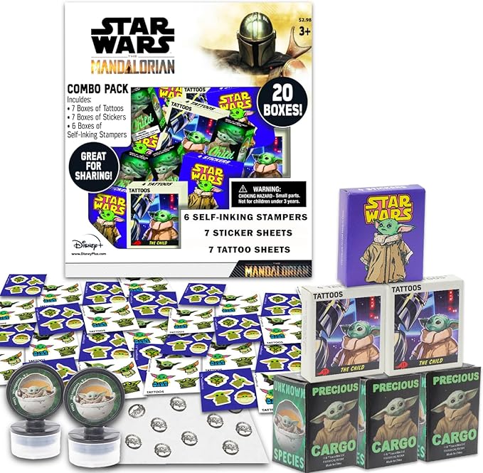 STAR WARS Baby Yoda Party Favors for 20 Guests Bundle ~ 20 Pieces Mandalorian Favor Boxes with Stickers, Tattoos, and Stampers for Kids Birthday Party Party Supplies and Decorations