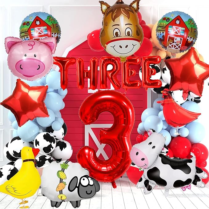 14pcs Farm Animal Balloons (Cow, Sheep, Duck, Rooster, Pig, Donkey) for 3rd Birthday Party Decor, Unisex, Children, Red