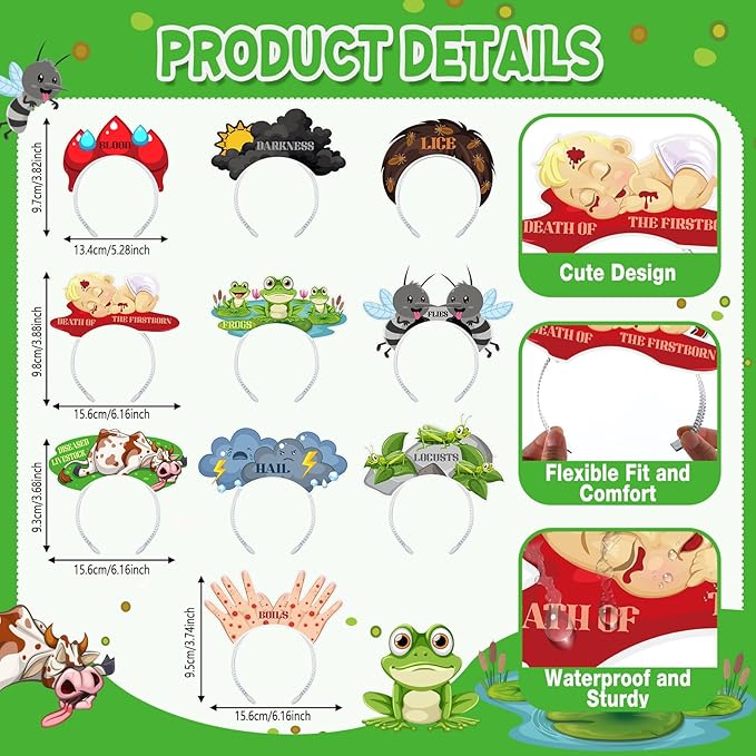 Blosssound 10 Pcs Passover Headbands Ten Plagues Party Favor Gift Passover Paper Head Bopper Cartoon Animal Pesach Headwear Seder Dress up Party Costume Accessories Photo Prop Decoration Supplies