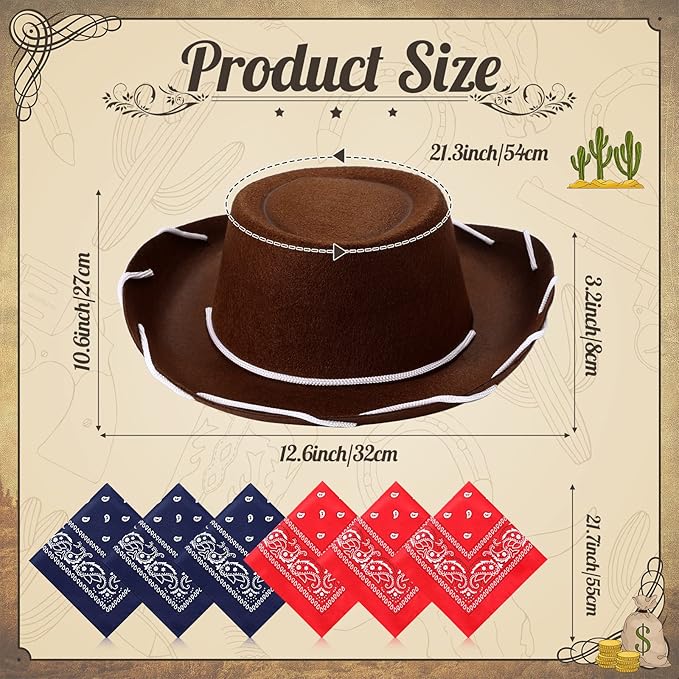 Unittype 18 Sets Cowboy Hats and Bandanas Bulk Kids Western Cowboy Costume Accessories Kids Party Supplies