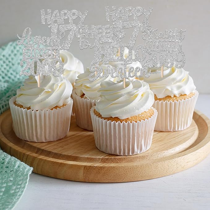 30PCS Silver 17th Birthday Cupcake Toppers Glitter Seventeen Happy 17th Straight Outta 2009 Cupcake Picks for Cheers to 17 Years Birthday Anniversary Party Cake Decorations Supplies