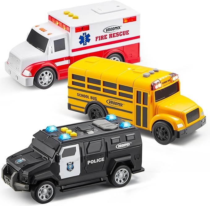 JOVA Emergency and School Vehicle Toy Set – Friction Powered Police Car, Ambulance, Bus with Lights and Sounds – Educational and Safe Toy for Kids, Birthday Gift Boys and Girls
