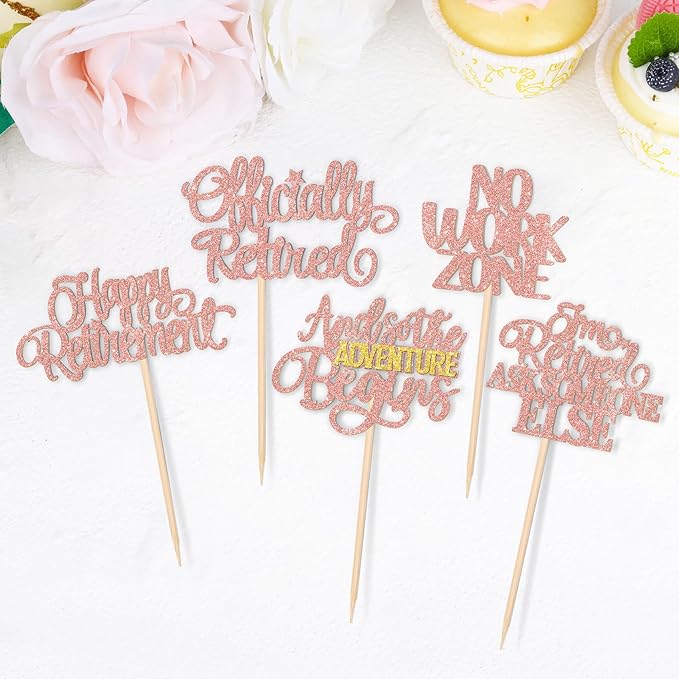 30 PCS Happy Retirement Cupcake Toppers Officially Retired Cake Toppers No Work Zone Adventure Begins Cupcake Picks for Retirement Theme Farewell Birthday Party Decorations Supplies Rose Gold