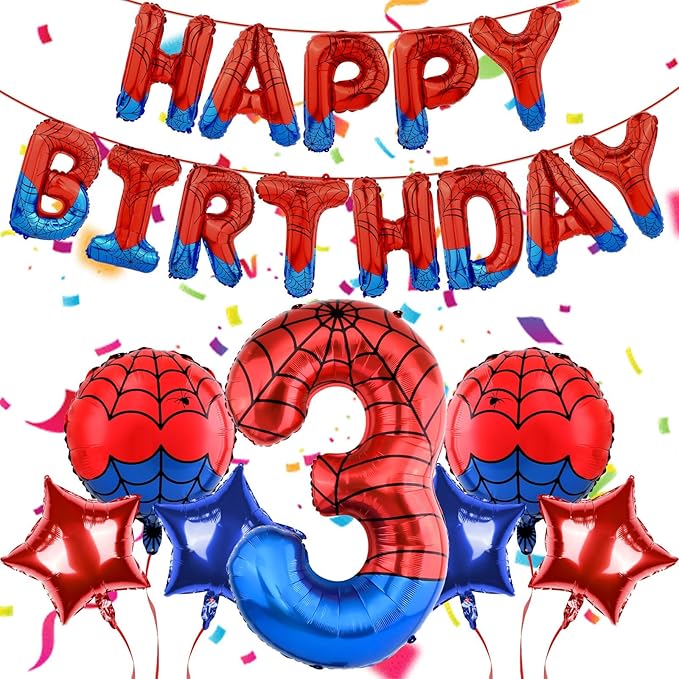 Spider Themed Happy Birthday Banner Party Decorations Set Including 40 Inch Number 3 Foil Balloons, Themed Party Essentials, Colorful Superhero Backdrop Supplies for Boys Indoor Outdoor Celebration