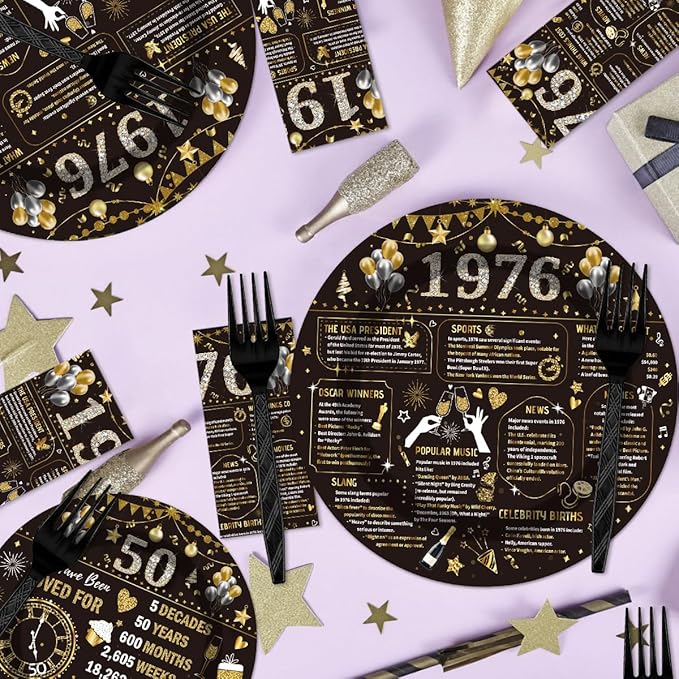 96PCS 50th Birthday Plates and Napkins Party Supplies 50th Birthday Decorations for Women Men 50th Anniversary Decorations Cheers to 50 Years Vintage Tableware Sets Serve 24 Guests