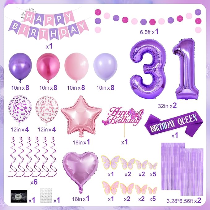 31st Purple Birthday Decorations for Women, Pink and Purple Happy 31 Birthday Party Decorations with Happy Birthday Banner, Number Foil Balloons, Butterfly Cake Topper for 31st Party Supplies