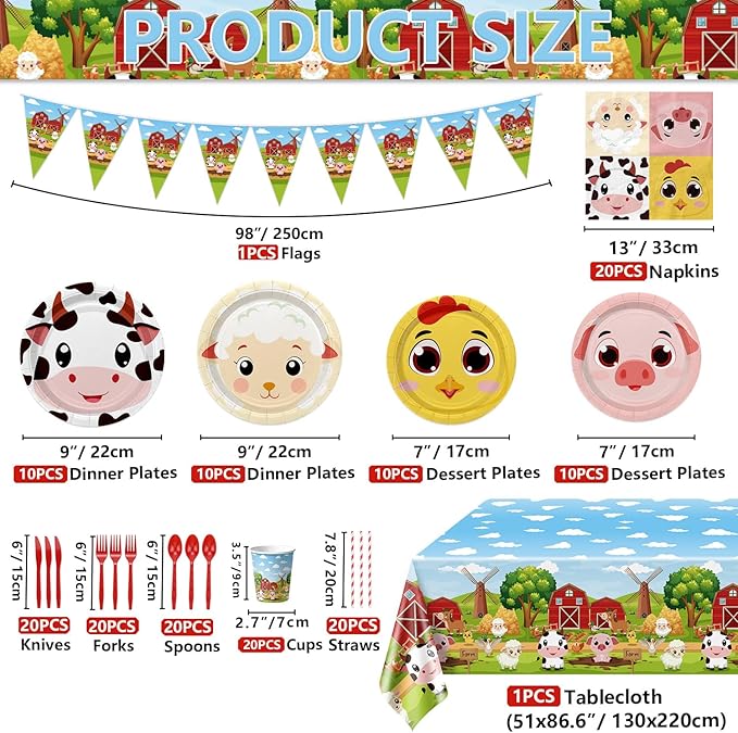Farm Birthday Party Supplies, Including Farm Napkins Farm Animal Plates Tablecloth Banner and Dinnerware for Farm Theme Birthday Decorations, Serves 20