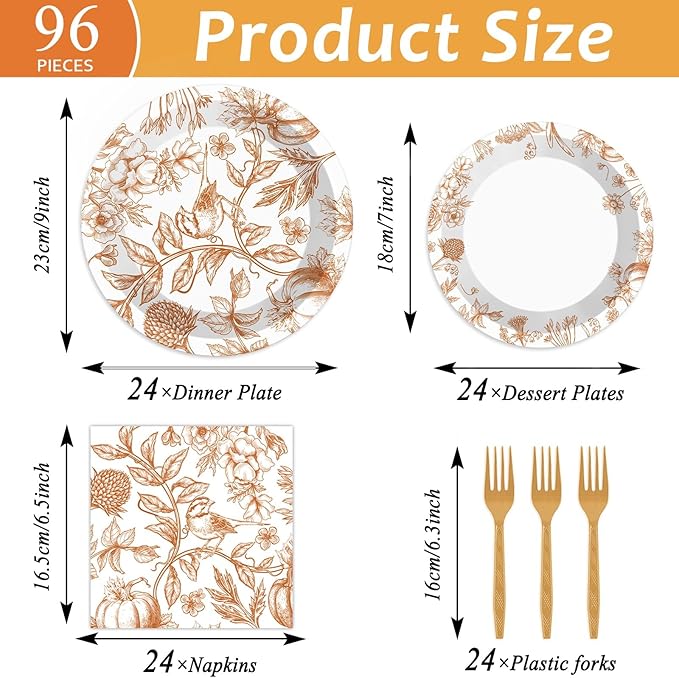 96Pcs Thanksgiving Party Supplies Paper Plates Napkins Thanksgiving Fall Harvest Cake Dessert Tableware Set Thankful Pumpkin Floral Picnic Dinnerware for Birthday Baby Shower Decoration Serve 24