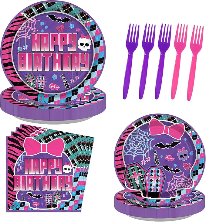96 Pcs Monster Girl High Birthday Party Supplies Monster Skull Plates and Napkins Purple Belted Skull Tableware Set for Girls Baby Shower Birthday Themed Parties Supplies, Serves 24