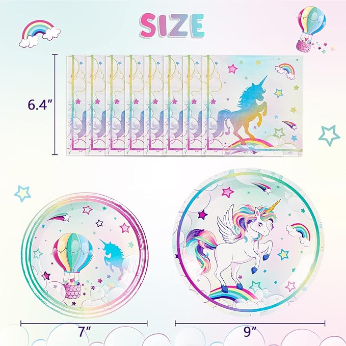 WERNNSAI Unicorn Party Plates and Napkins - 48 PCS Rainbow Unicorn Party Supplies for Girls Disposable Dinner Dessert Plates Napkins Tableware Set Serves 16 Guests
