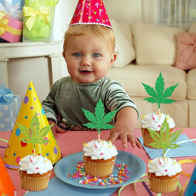 Ercadio 24 Pcs Green Glitter Marijuana Cupcake Toppers Have a Dope Birthday Cake Topper Cake Decorations for Men Women Marijuana Them Party Supplies