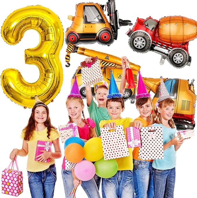 Construction Birthday Party Supplies 3 Year Old, Large Construction Balloons 40Inch Gold Number 3 Balloon Construction Truck Foil Balloons for Boys 3rd Construction Birthday Party Decorations