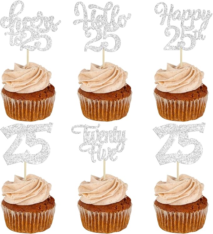 30Pcs 25th Birthday Cupcake Toppers Twenty Five Legal 25th Cupcake Picks Cheers to 25 Years Old Cake Decorations for 25th Anniversary Party Supplies Silver Glitter