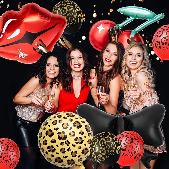 Realspring 18 Pcs Red and Black Party Decorations Kit 12 Leopard Cheetah Print Birthday Balloons Cherry Cheetah Red Lips Black Bow Foil Balloons for Kiss the Miss Goodbye Baby Shower Retro Party