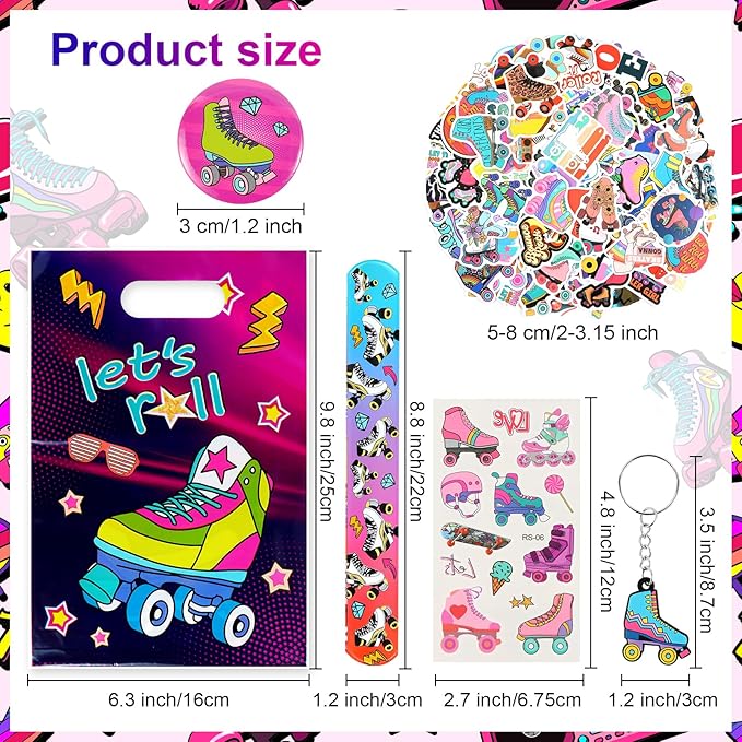 Kolewo4ever 220 Pieces Roller Skate Party Supplies Set Bulk Slap Bracelets, Stickers, Key Chains, Pin Badges,Temporary Tattoos and Goodie Bag Fillers for Retro 1980s Hip Hop Party (Roller Skate)