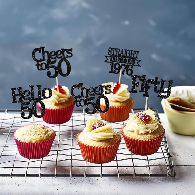 Ephlyn 24Pcs Happy 50th Birthday Cupcake Toppers Glitter Straight Outta 1976 Cupcake Picks Hello 50 Cheers to 50 Years Birthday Cake Decorations for 50th Birthday Anniversary Party Supplies Black