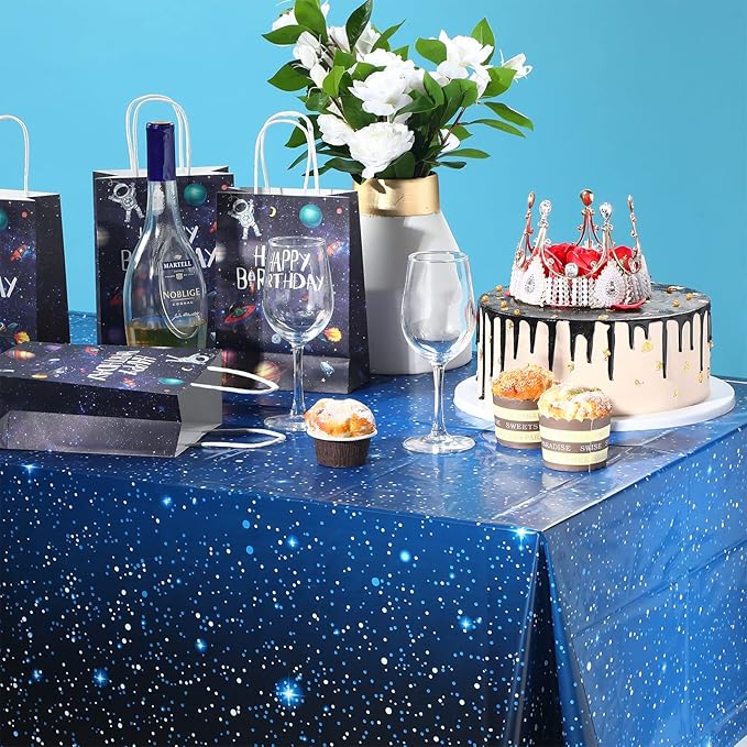 8 Pieces Space Tablecloth Starry Night Tablecloth Decorations Plastic Galaxy Table Cover Space Stars Theme Party Supplies for Birthday Home Decorations, 54 x 108 Inch