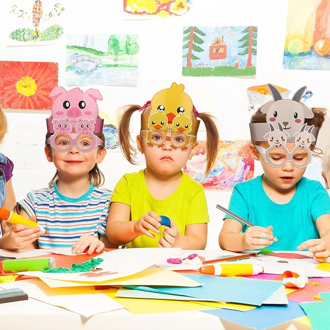 48 Pieces Farm Animal Paper Eyeglasses Farm Animal Birthday Paper Crown Headbands Farm Kids Birthday Party Hats Cow Chicken Barnyard Party Favors for Kids Toddlers Baby Holiday Games Party Supplies