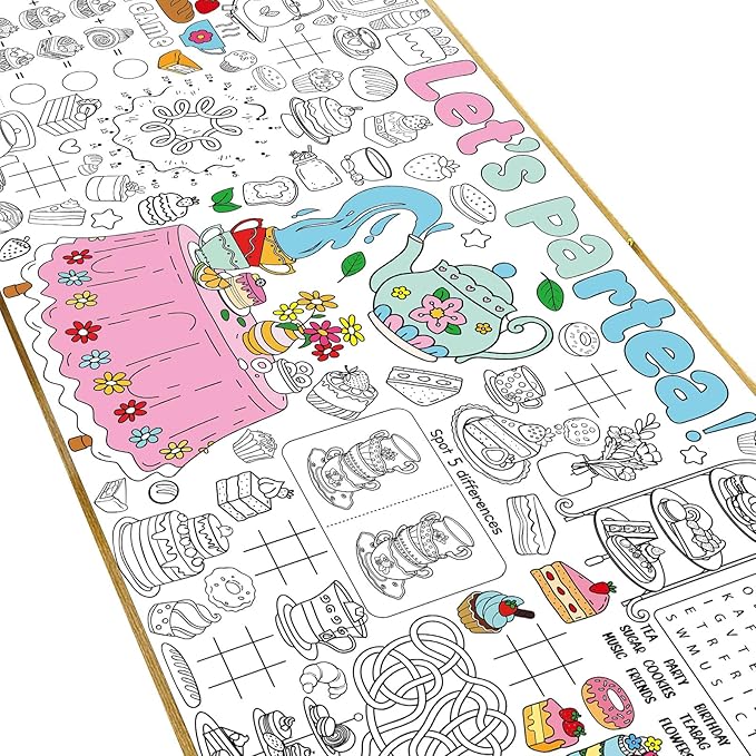 Naozinebi Spring Tea Time Giant Coloring Poster for Kids Large Coloring Tablecloth Big Paper Sheets Page Flower Table Cloth DIY Activity Game Art Crafts Mat Wall Home Party Decoration Supplies
