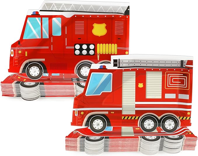 50 Pcs Firetruck Birthday Party Plates Fire Truck Shaped Disposable Plates Fireman Paper Plates Firefighter Dessert Plates for Firetruck Birthday Fireman Baby Shower Firefighter Table Party Supplies