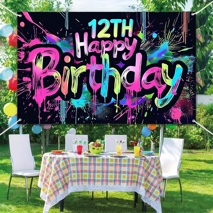 Neon 12th Happy Birthday Banner 71x43 Inch Paint Splatter Glow in The Dark Party Backdrop Colorful Wall Decor for Kids Boys Girls Twelfth Birthday Celebrations Photo Booth Props Event