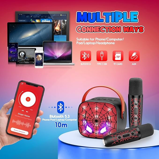 Cool Mini Karaoke Machine Toys: Kids Toys Easter Birthday Gifts Age 3-12+ LED Portable Bluetooth Speaker with 2 Wireless Microphone Basket Stuffers Gift Toy for 4 5 6 7 8 9 Years Old Girls Boys