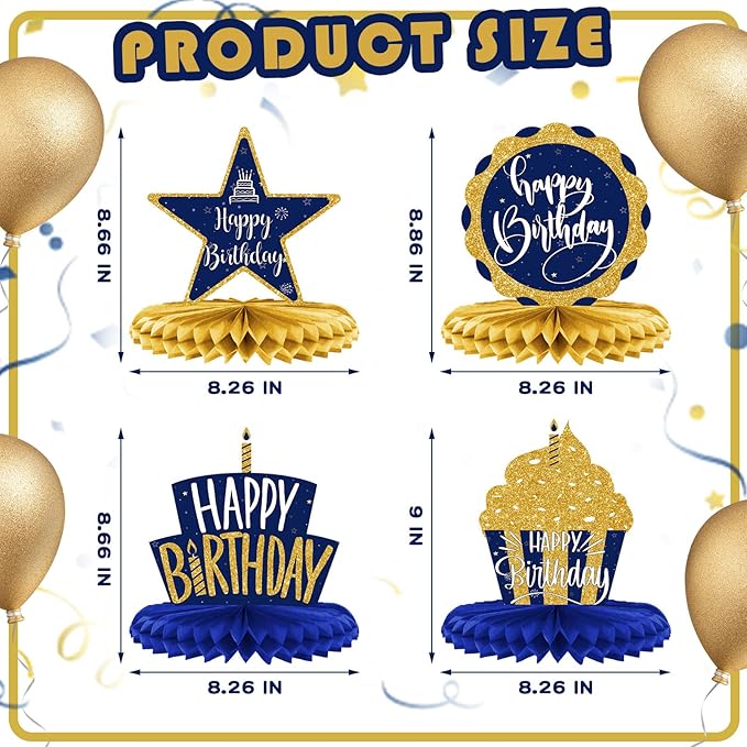Spakon 8 Pieces Blue Gold Happy Birthday Table Decorations Happy Birthday Honeycomb Centerpieces Glitter Table Toppers Blue and Gold Party Decorations for Men and Women Party Supplies