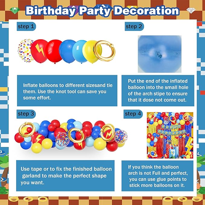 Cartoon Hedgehog Birthday Decorations for Boys,Blue Red Gold Fringe Curtains, Gold Circle Explosion Star Foil Balloon,Happy Birthday Banner