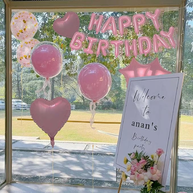 27 Pcs Pink Birthday Decorations, 3D Foil Pink Happy Birthday Balloon Banner, Pentagram Heart Foil Balloons Confetti Balloons Kit For Boys Girls Birthday Party Supplies